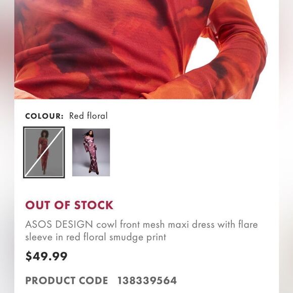 NWT ASOS design cowl mesh front maxi dress with flare sleeve in red floral - Picture 4 of 6